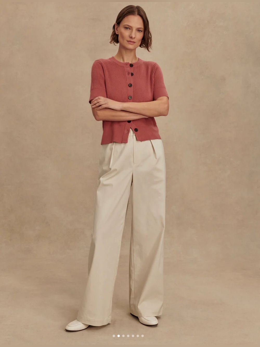 Varley Micha Mauvewood Short-Sleeve Ribbed Button-Up Cardigan